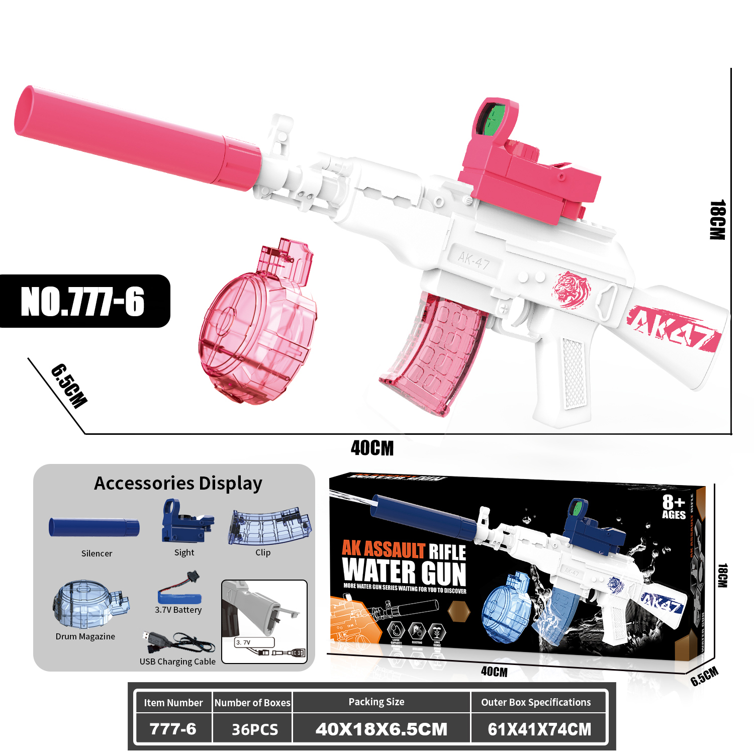 777-6 Electric continuous firing AK47 water gun (magazine+drum version)